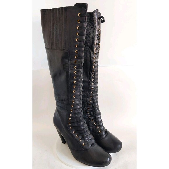 Miz Mooz Knee High Boots 9.5 Leather Lace-up Side Zip Black Goth Witch Steampunk - Picture 1 of 16